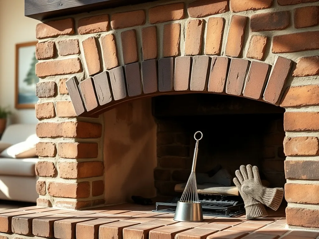 Kominek z czystym kominem i szczotką kominiarską na palenisku, ilustrujący przygotowanie do czyszczenia komina.