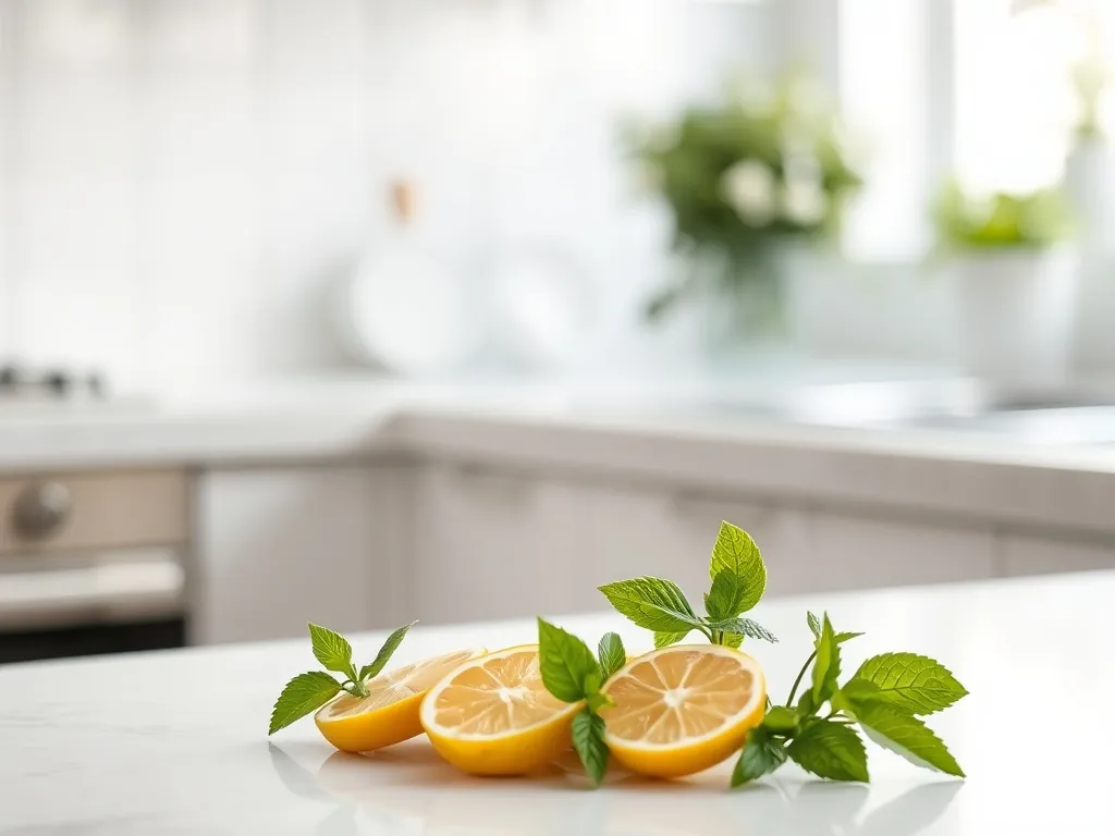 Plastry cytryny i liście mięty tworzą naturalną barierę na blacie kuchennym, symbol bezpiecznego sposobu na mrówki