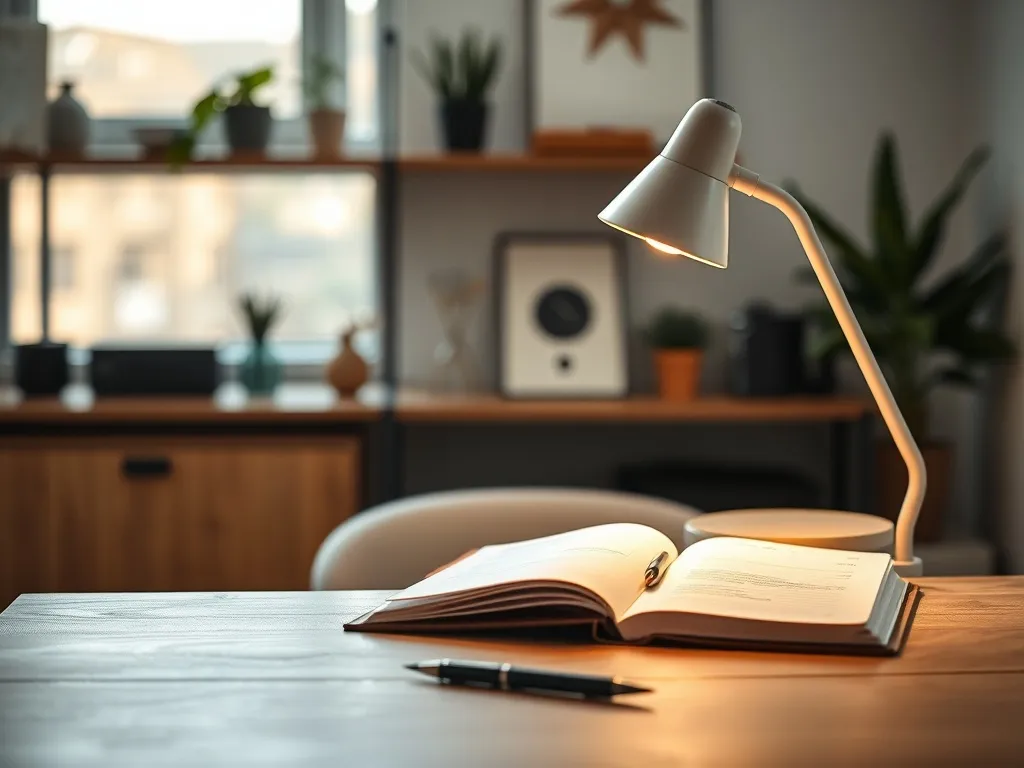 Minimalistyczne biurko z regulowaną lampką emitującą ciepłe, neutralne światło, sprzyjające nauce i pracy.