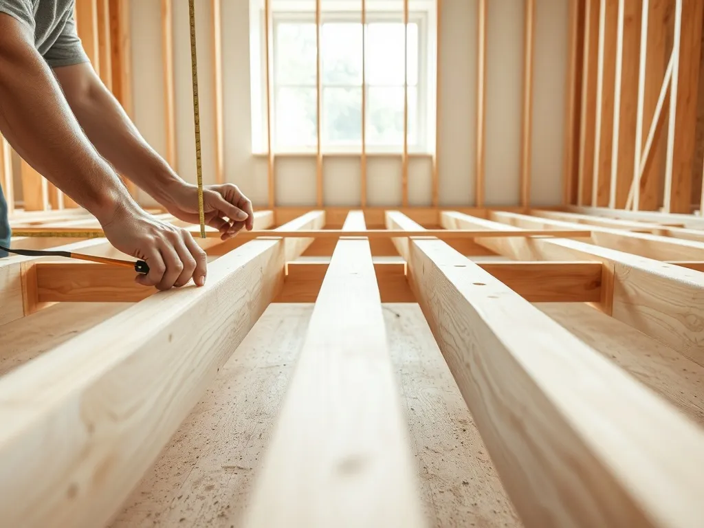 Ręce fachowca mierzą i układają belki stropu drewnianego w jasnym, niewykończonym pomieszczeniu podczas montażu.