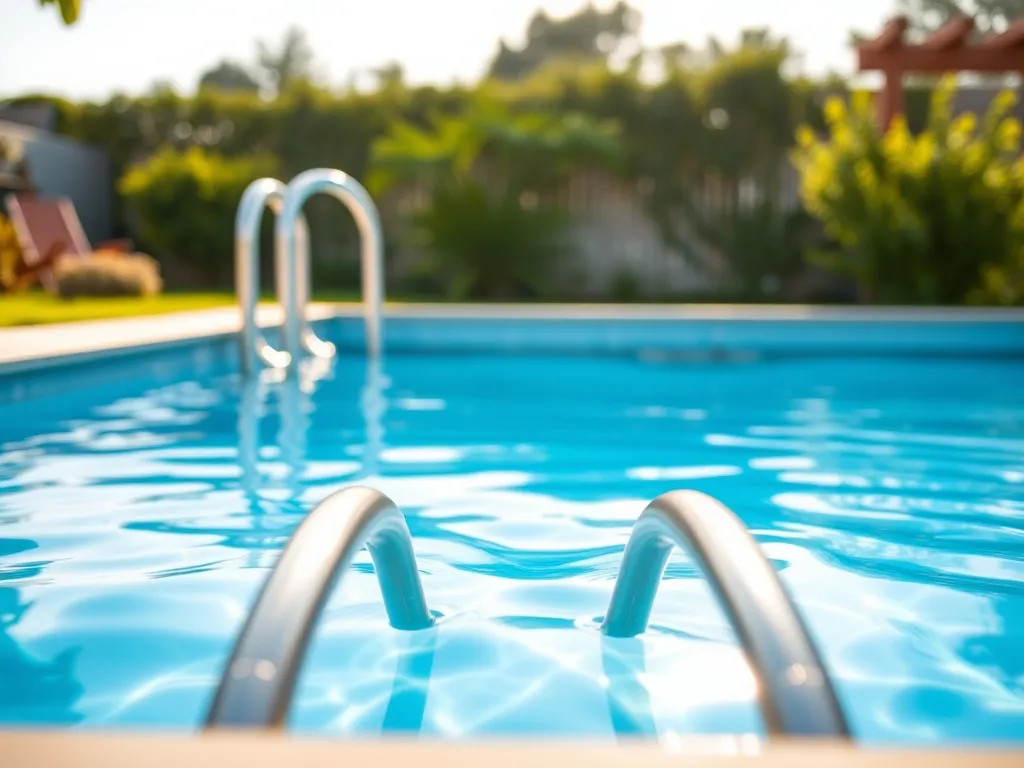 Czysty, mały basen ogrodowy z krystaliczną wodą i drabinką, w otoczeniu zielonego ogrodu w słoneczny, spokojny dzień