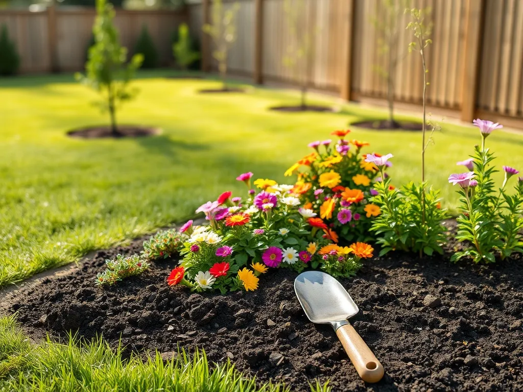 Przytulny kącik ogrodu z rabatą bylin, krzewami i narzędziami ogrodniczymi, zachęcający do samodzielnych nasadzeń.