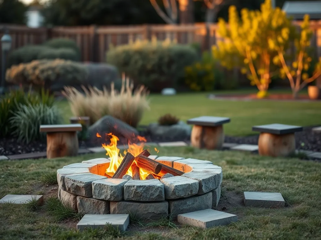 Proste kamienne palenisko w ogrodzie o zachodzie słońca, z płomieniami i drewnianymi pieńkami służącymi jako siedziska.