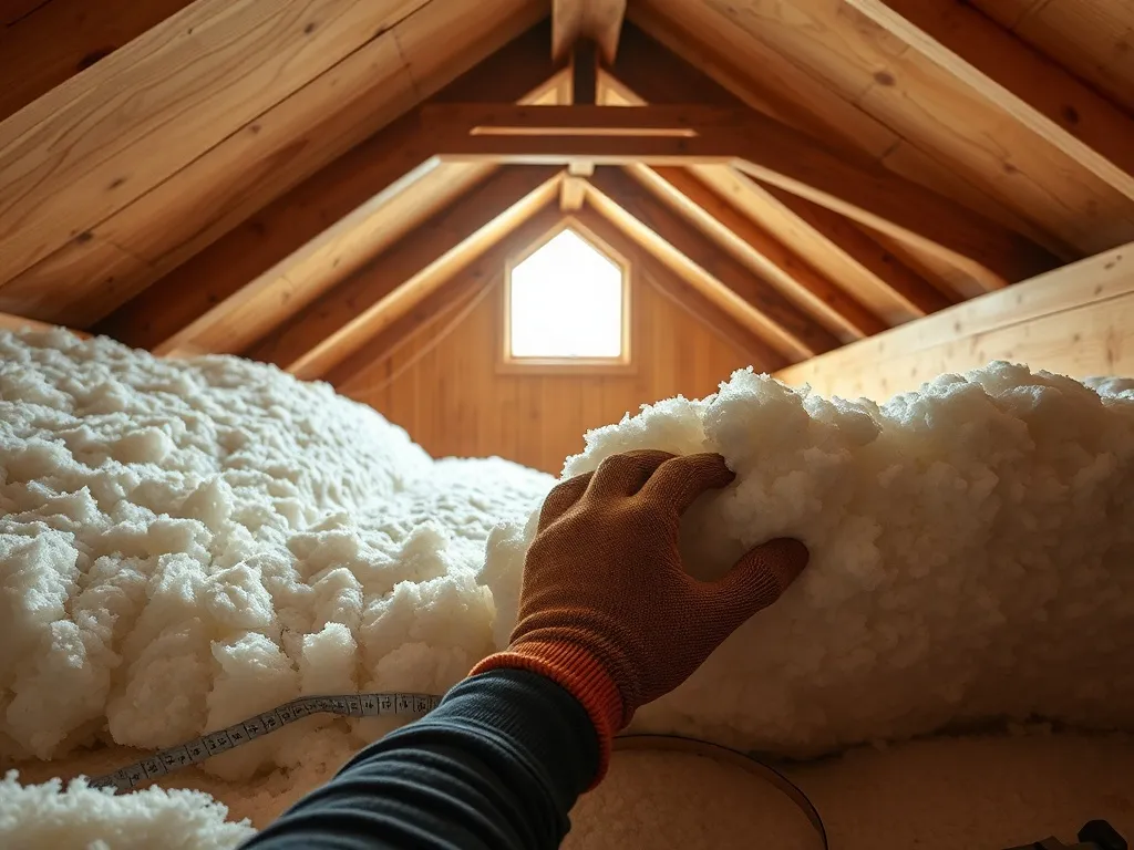 Układanie wełny mineralnej między drewnianymi belkami stropu na poddaszu, przygotowanie do ocieplenia stropu krok po kroku