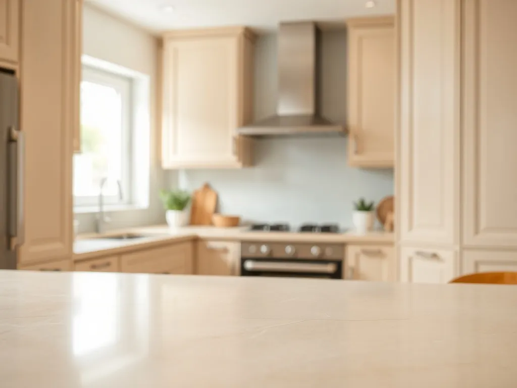 Jasna kuchnia w stylu kaszmir z ciepłym kwarcowym blatem, subtelne użylenie i przytulne, miękkie oświetlenie wnętrza.