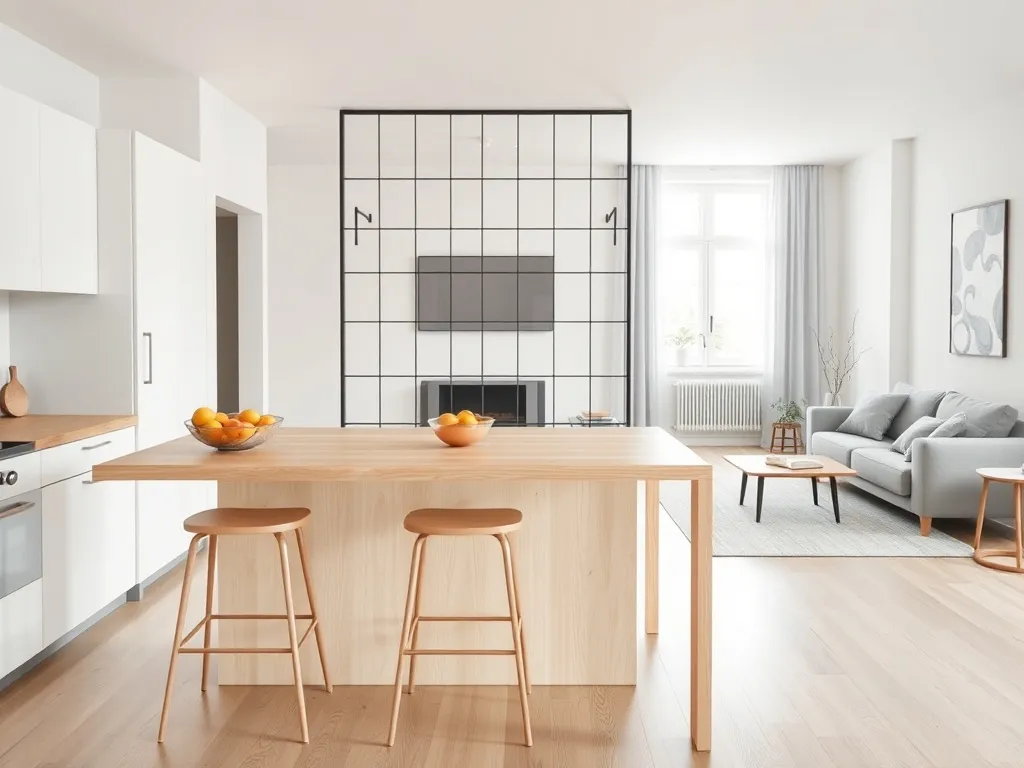 Jasna kuchnia z wyspą oddzielona od salonu przeszkloną ścianką, pokazująca delikatny podział otwartej przestrzeni.