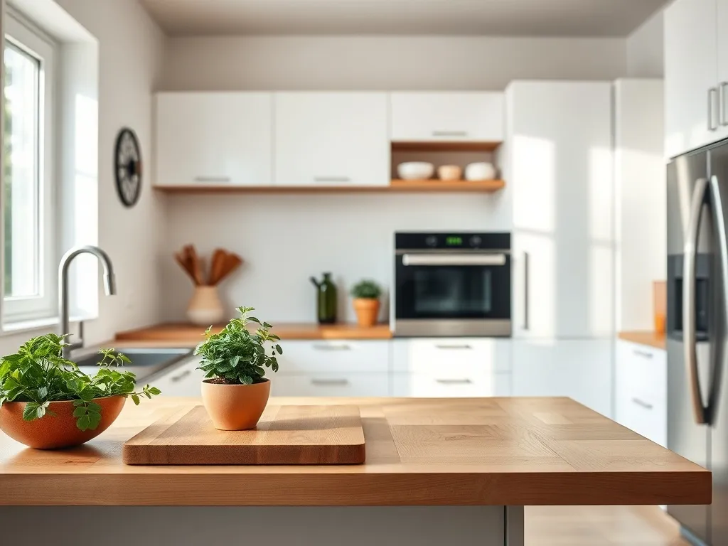 Nowoczesna, jasna kuchnia z drewnianym blatem, ziołami i warzywami, pokazująca funkcjonalne, praktyczne urządzenie wnętrza.