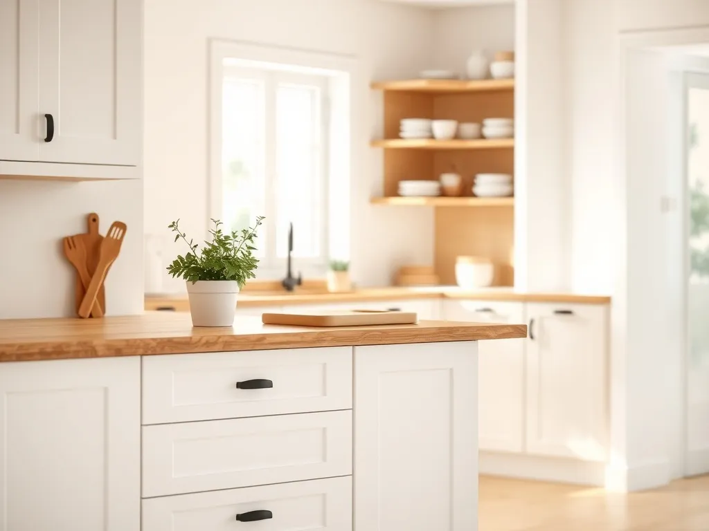 Jasna skandynawska kuchnia: białe szafki z czarnymi uchwytami, drewniany blat, otwarte półki i roślina w doniczce.