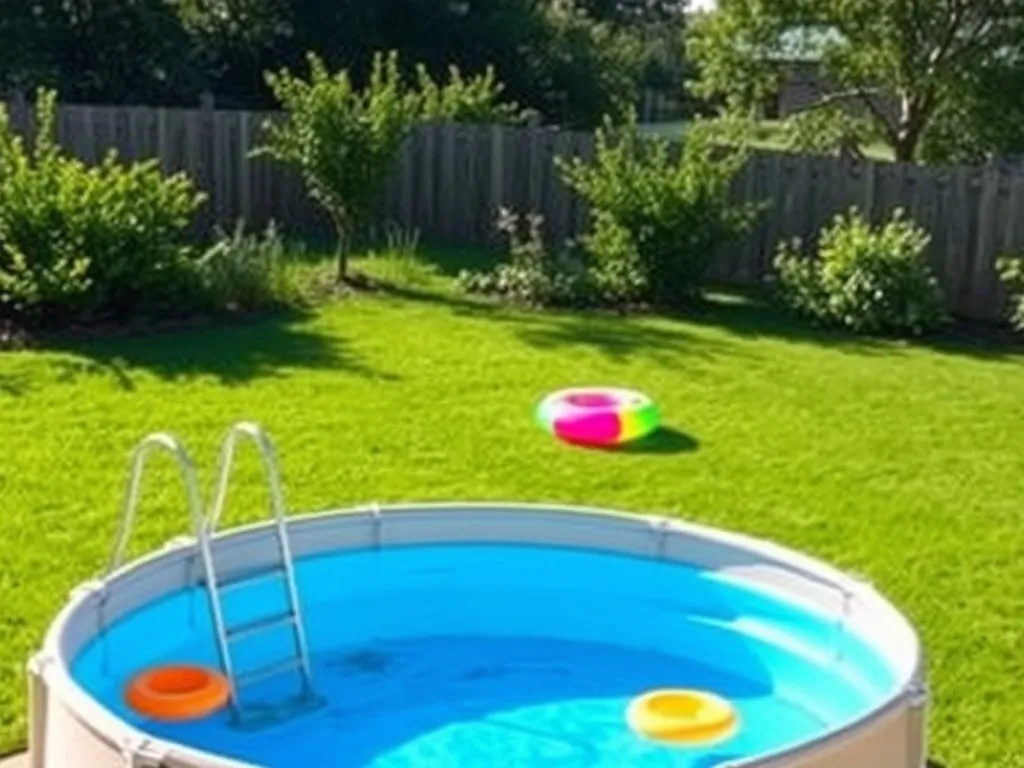Przydomowy ogród z prostym basenem ogrodowym, drabinką i dmuchanymi zabawkami na wodzie w słoneczny, letni dzień