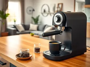 Jasna kuchnia z wyspą oddzielona od salonu przeszkloną ścianką, pokazująca delikatny podział otwartej przestrzeni.