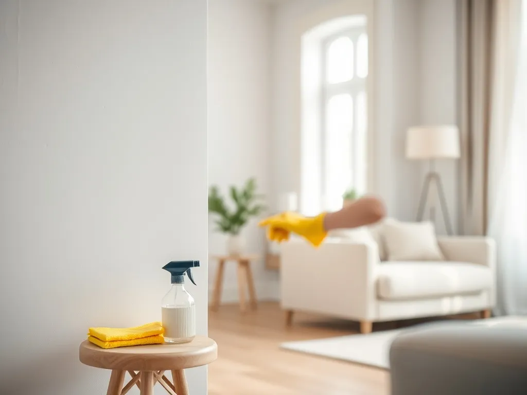 Ręka w rękawiczce czyści świeżo pomalowaną białą ścianę gąbką, podkreślając dom bez pleśni i zdrową przestrzeń.