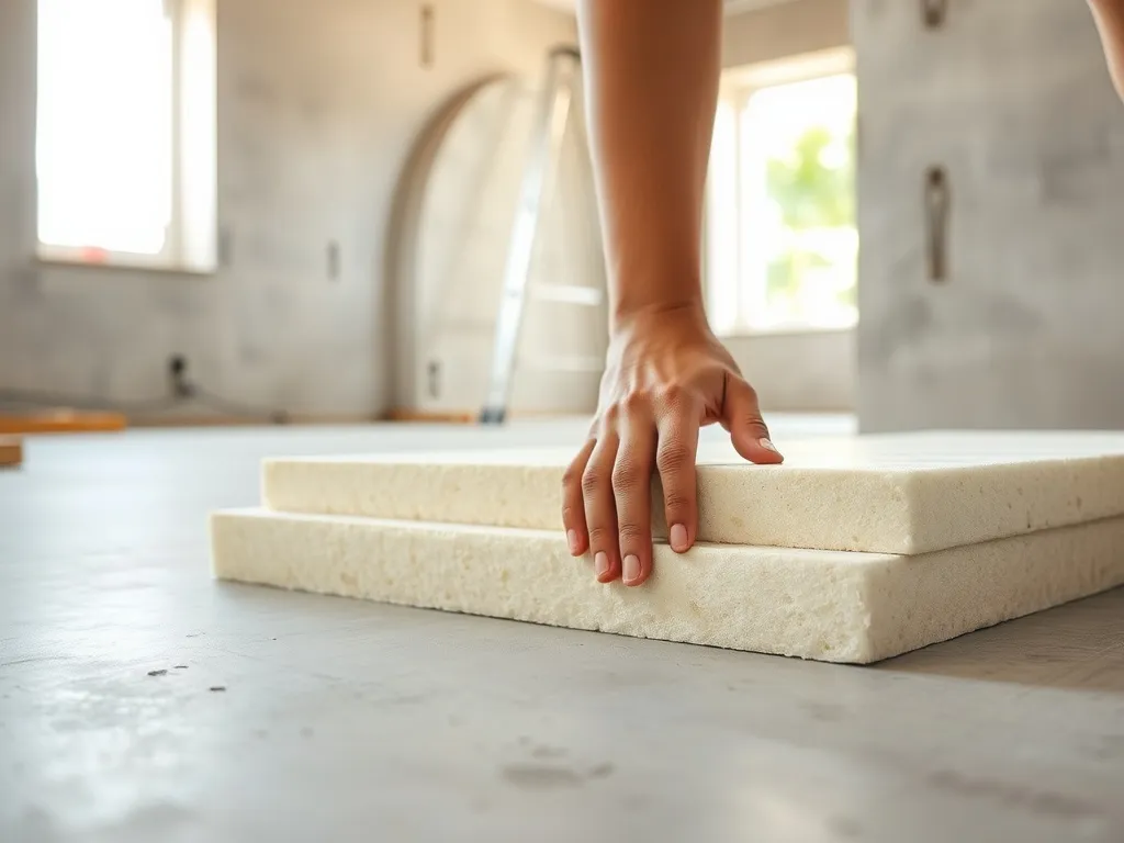 Ręce układają płyty z wełny mineralnej na stropie betonowym w jasnym, nowoczesnym wnętrzu w trakcie ocieplania.