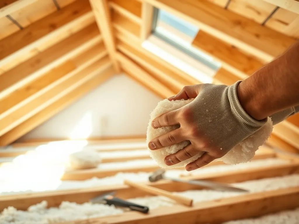 Ręce układają grubą wełnę mineralną między drewnianymi belkami stropu na poddaszu w trakcie ocieplania i remontu
