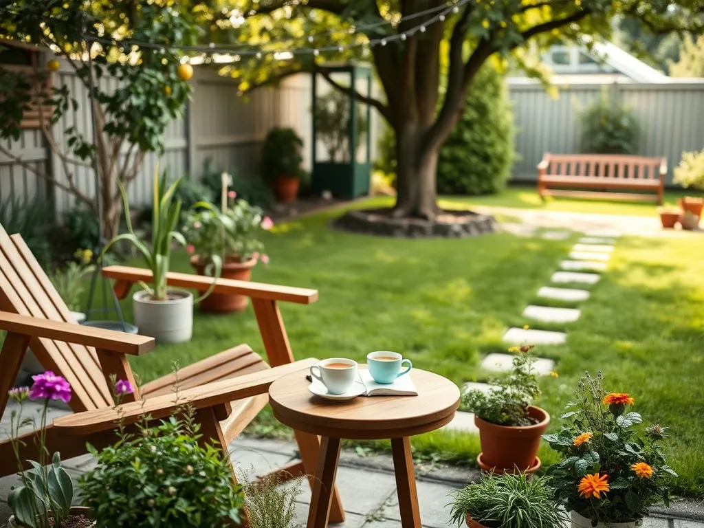 Przytulny ogród slow life z leżakiem, herbatą i notesem, otoczony ziołami, trawnikiem i ścieżką do ławki pod drzewem.