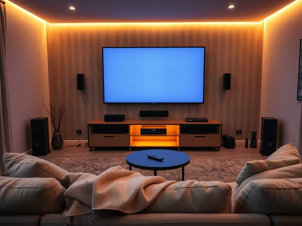 Przytulny salon z kanapą i kocem, naprzeciw dużego telewizora i głośników, tworzący domowe kino z nastrojowym oświetleniem.