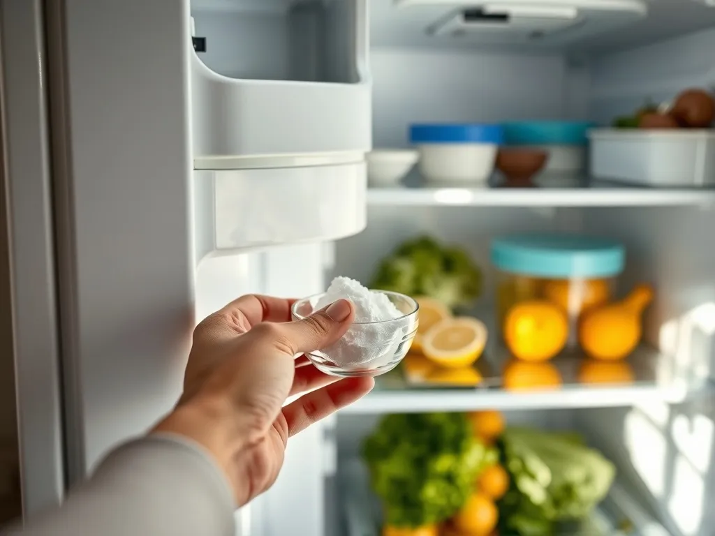 Dłoń wkłada miseczkę z sodą i plasterkami cytryny do czystej lodówki, by zneutralizować nieprzyjemne zapachy.