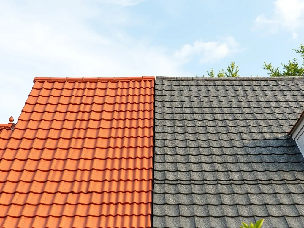 Porównanie dwóch dachów: po lewej czerwone dachówki ceramiczne, po prawej szare betonowe na tle nieba.