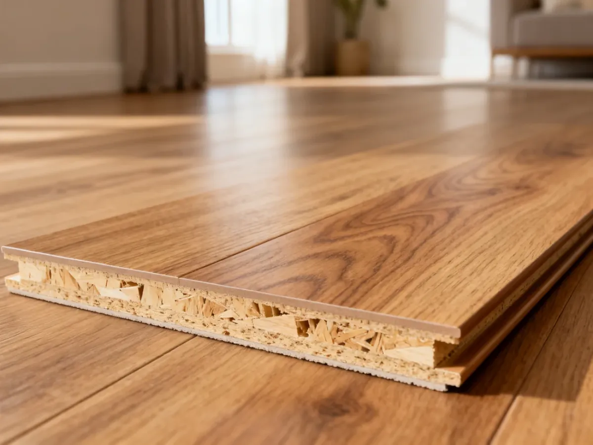 Przekrój panelu laminowanego z widocznym rdzeniem HDF i dekoracyjną warstwą drewna