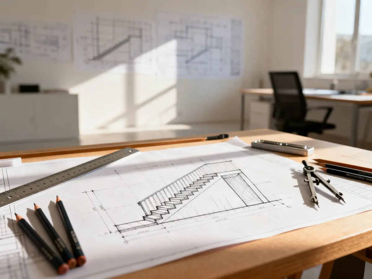Profesjonalny projekt rzutu schodów na desce kreślarskiej z przyborami geometrycznymi w słonecznym studiu architektonicznym.