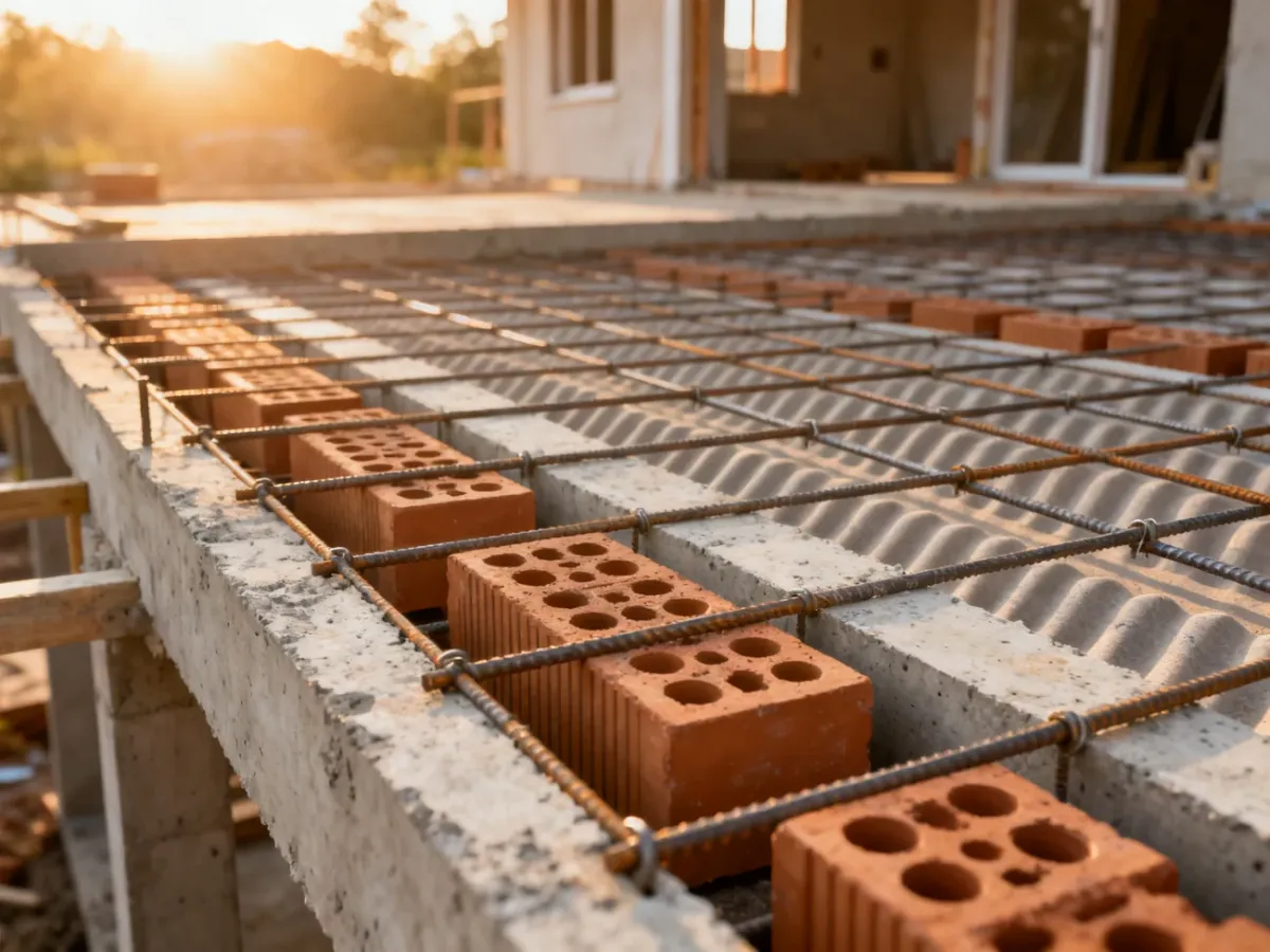 Zbliżenie na konstrukcję stropu gęstożebrowego z pustakami ceramicznymi i zbrojonymi belkami na placu budowy.