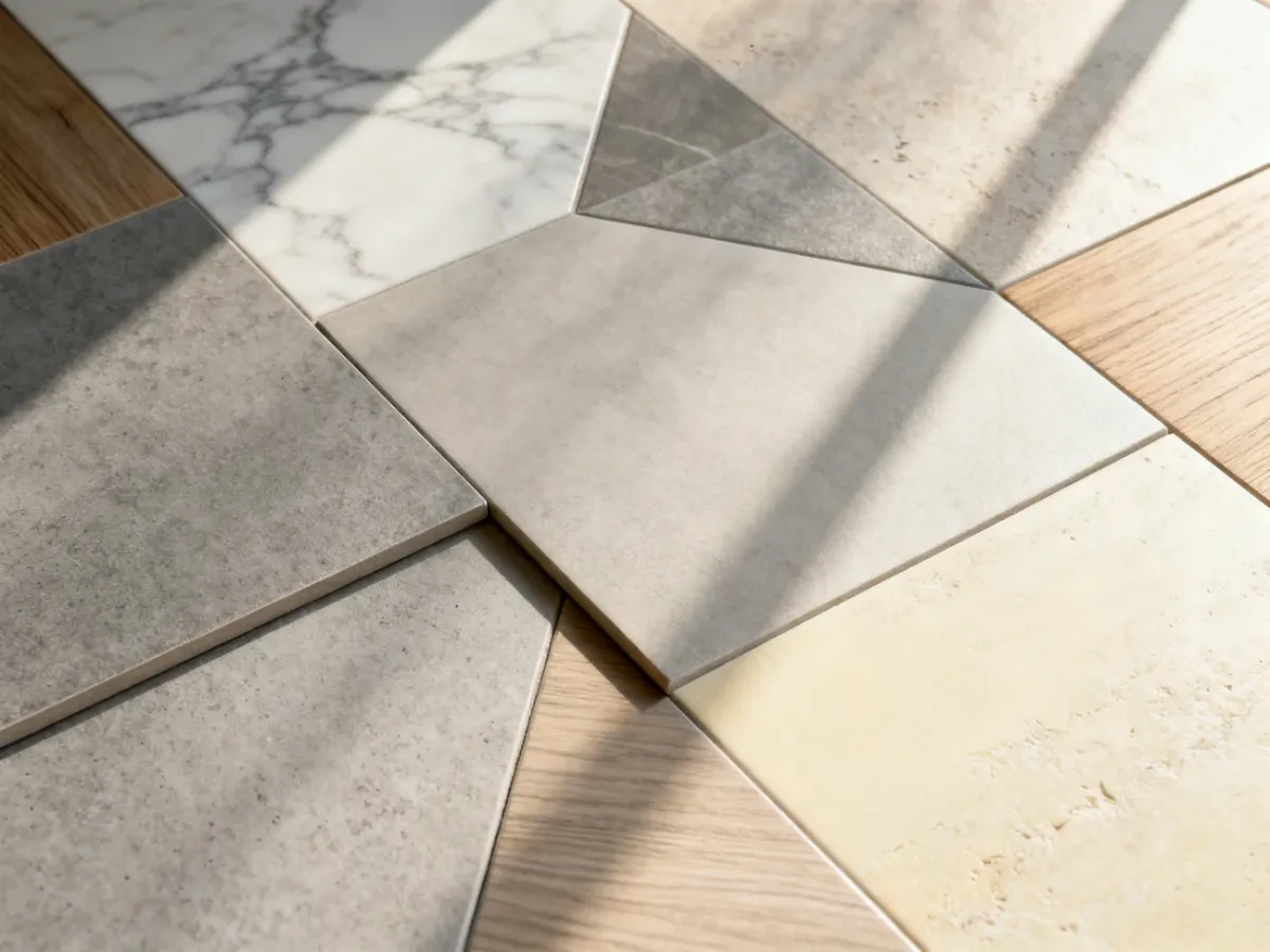 Próbki płytek gresowych o różnych fakturach, takich jak marmur, beton i drewno, ułożone w geometryczny wzór.