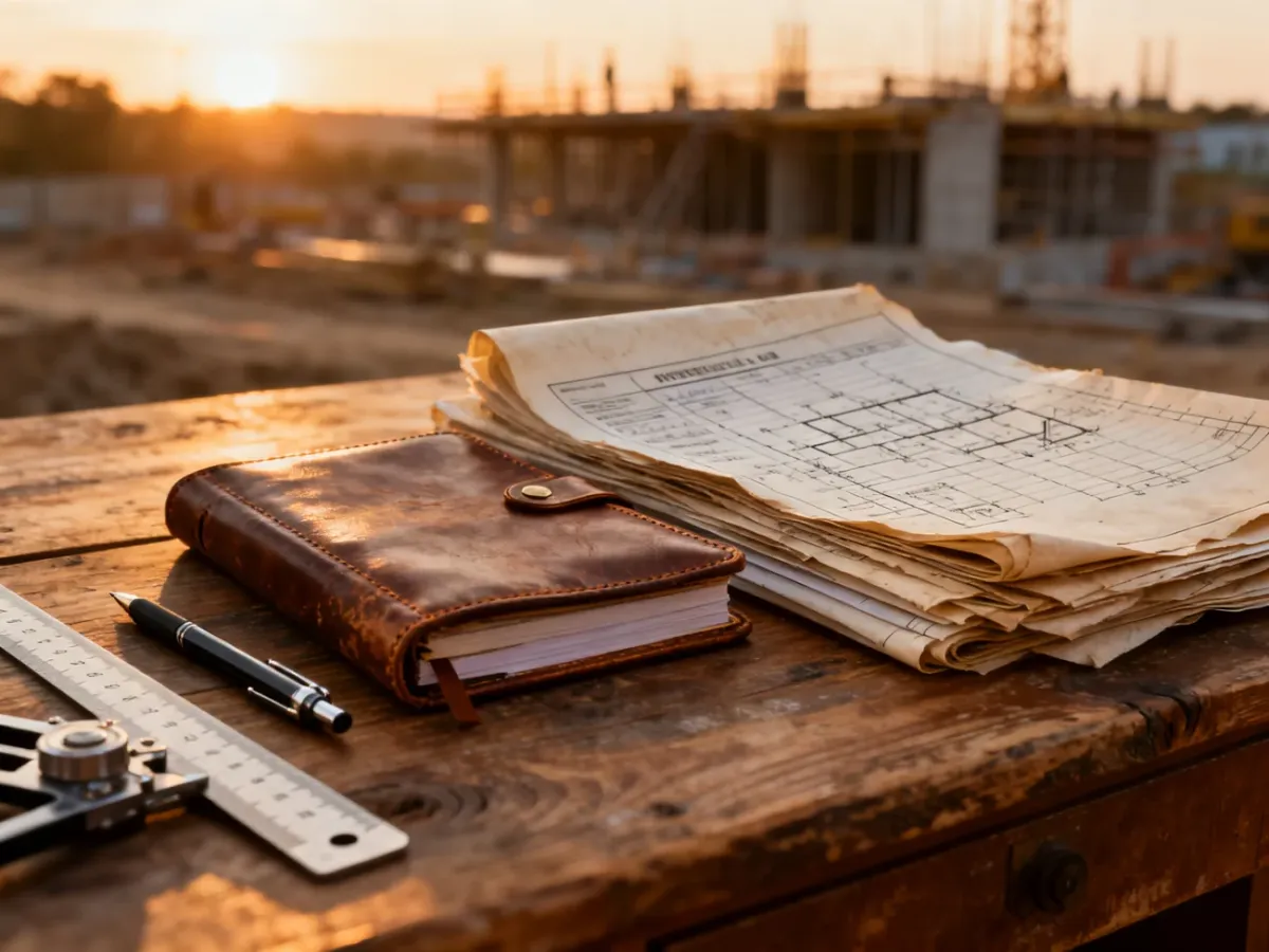 Dziennik budowy i plany architektoniczne na drewnianym biurku na tle placu budowy o zachodzie słońca.