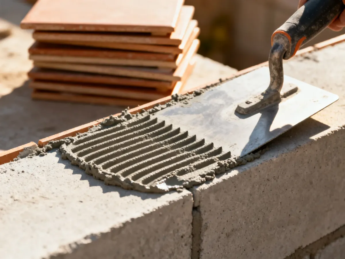 Profesjonalna paca zębata nakłada warstwę szarej zaprawy klejowej na betonową ścianę przed montażem płytek ceramicznych.