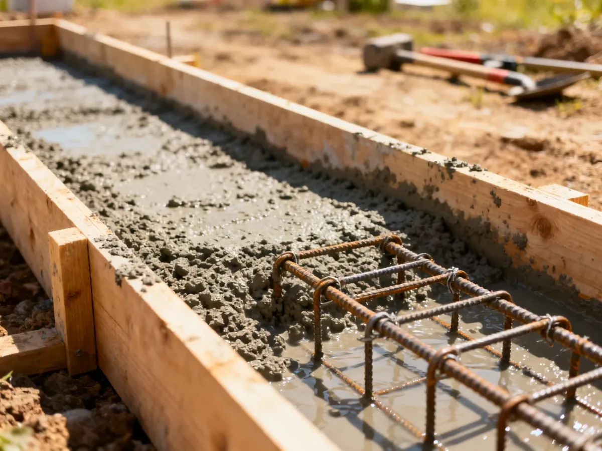 Świeży beton wylany do szalunków z widocznym zbrojeniem stalowym podczas wykonywania fundamentów ławowych.