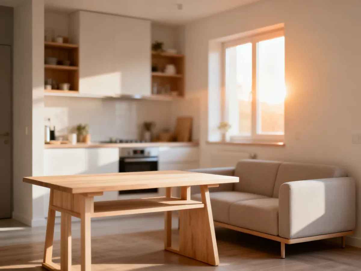 Jasny, minimalistyczny salon z wielofunkcyjnym stołem i kompaktową sofą w małym mieszkaniu o powierzchni 30 m².