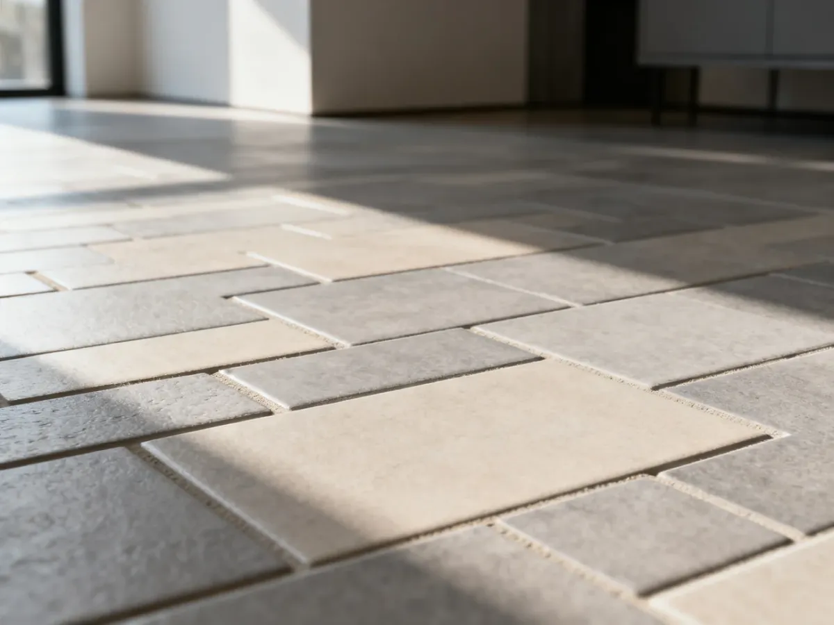 Zbliżenie na precyzyjnie ułożone płytki ceramiczne w układzie cegiełkowym, podkreślające fakturę i równe spoiny.