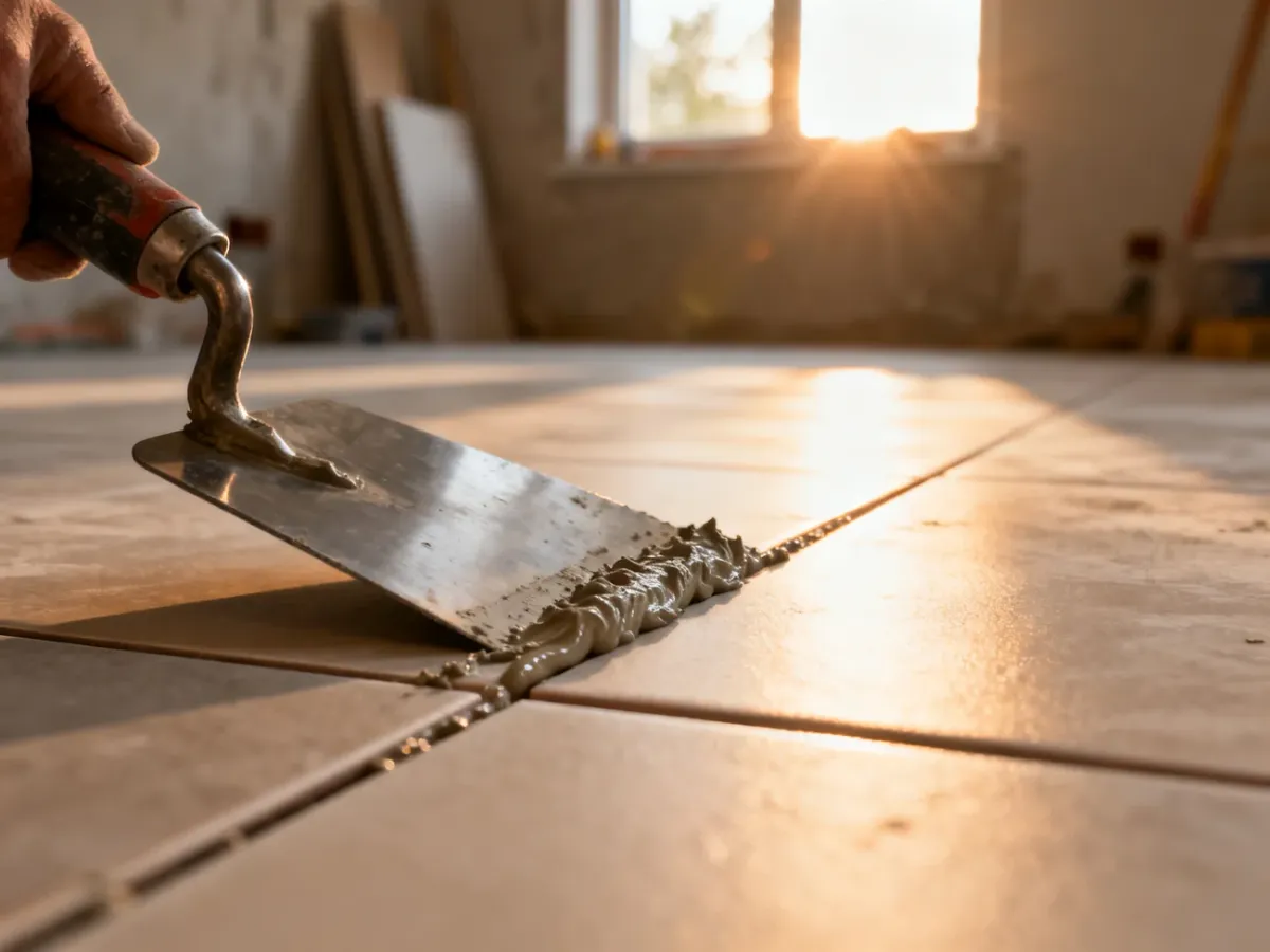 Profesjonalne nakładanie fugi stalową pacą między płytkami ceramicznymi. Precyzyjne wypełnianie spoiny świeżą zaprawą.