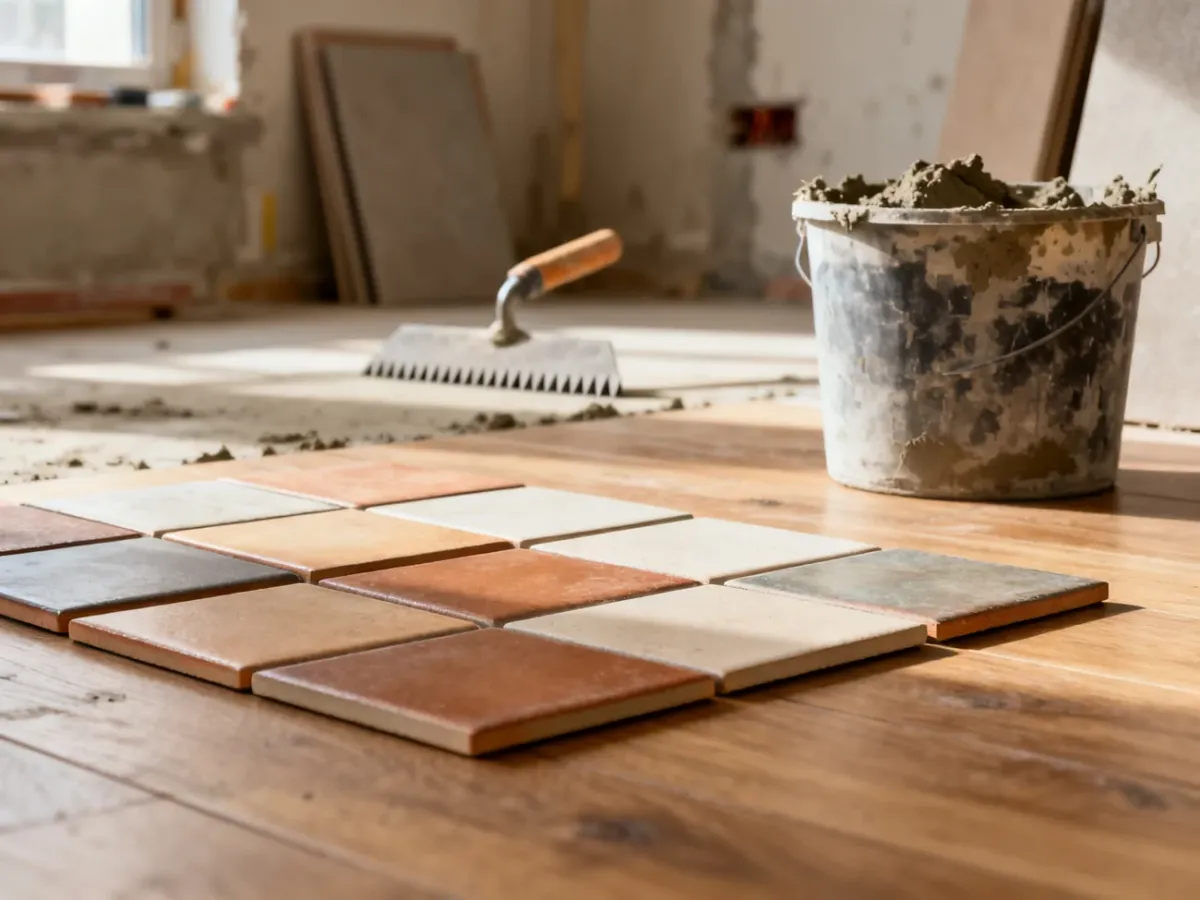 Różne rodzaje płytek ceramicznych na drewnianej podłodze oraz narzędzia i zaprawa klejowa w tle.