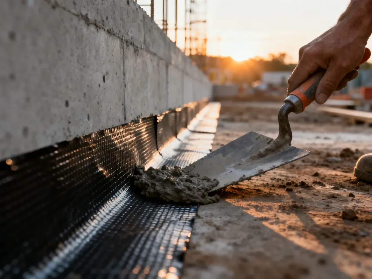 Nakładanie warstwy izolacji przeciwwilgociowej na betonowy fundament przy użyciu kielni i masy bitumicznej.