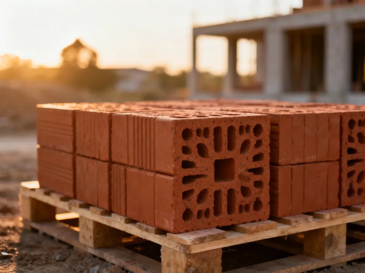 Stos ceramicznych pustaków stropowych na palecie na tle budowy domu w świetle zachodzącego słońca.