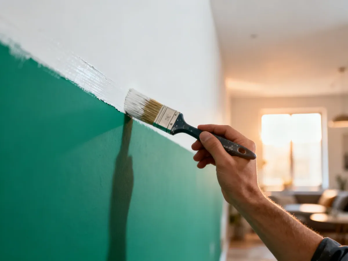 Profesjonalny malarz precyzyjnie maluje ścianę, tworząc idealną linię odcięcia między szałwiową zielenią a białym sufitem.