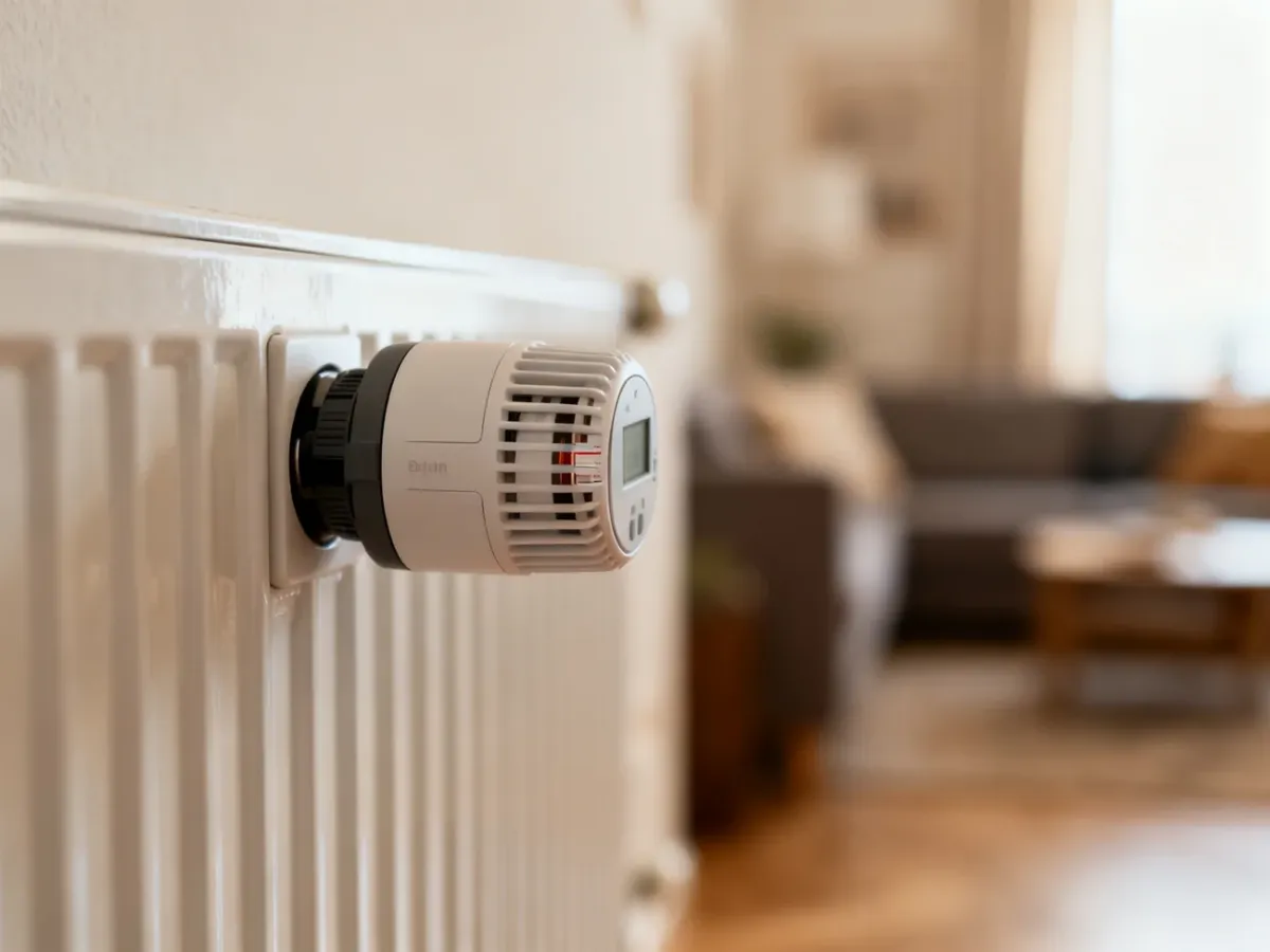 Elektroniczny podzielnik ciepła zamontowany na grzejniku w mieszkaniu