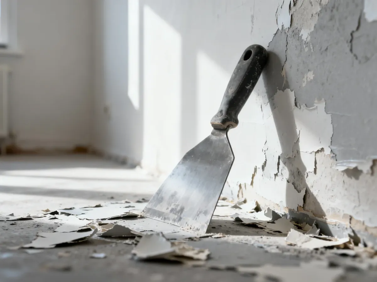 Metalowa szpachelka na ścianie z częściowo usuniętą, łuszczącą się farbą, odsłaniająca warstwę tynku.