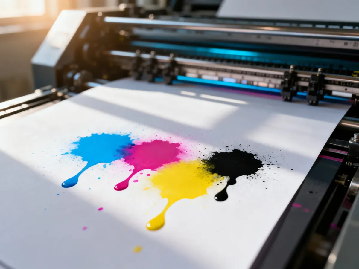 Zbliżenie na kropki tuszu w kolorach CMYK na papierze, obrazujące proces mieszania barw w profesjonalnym druku.