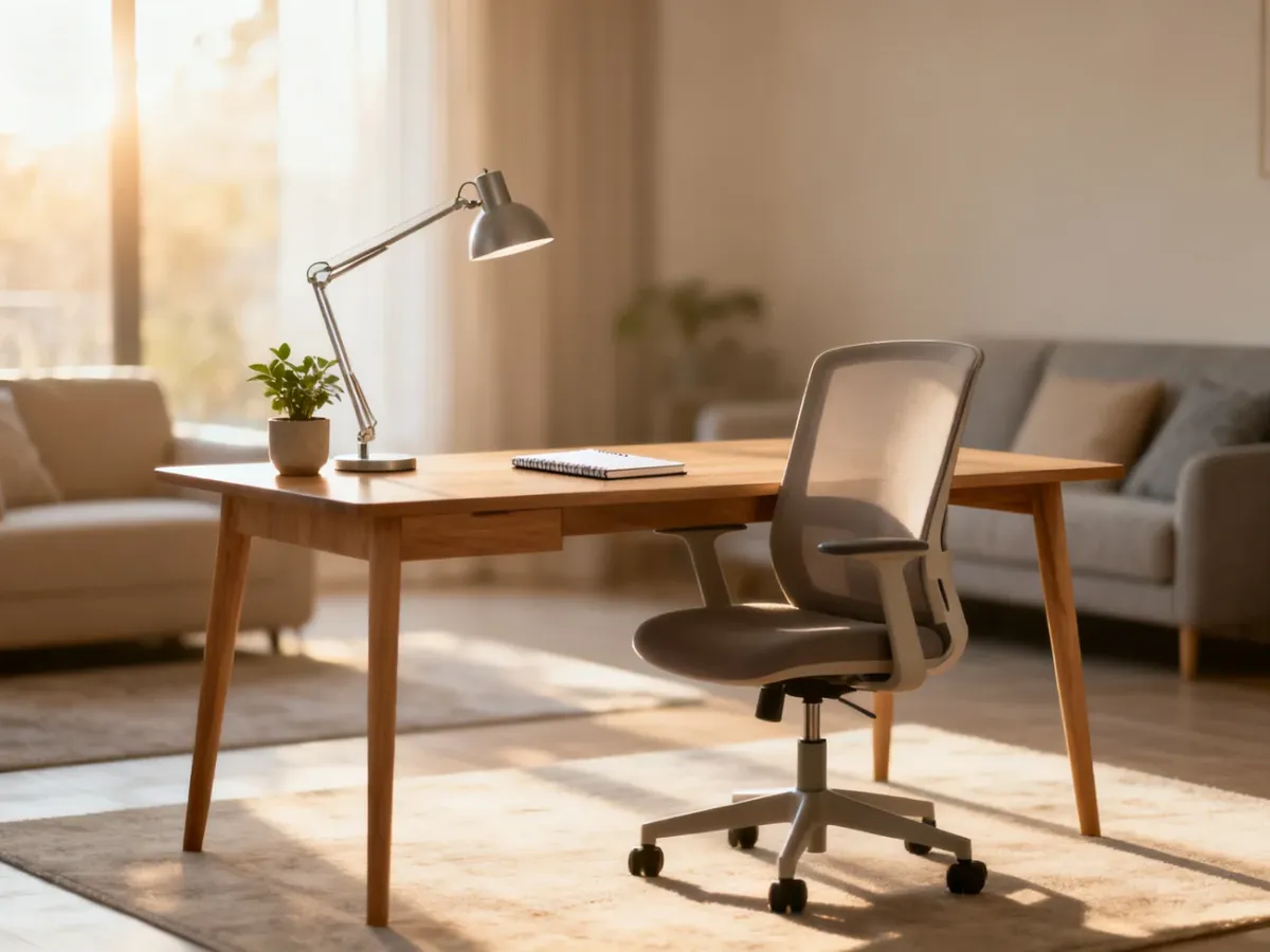 Minimalistyczne domowe biuro z drewnianym biurkiem, ergonomicznym krzesłem i rośliną w słonecznym, przytulnym wnętrzu.