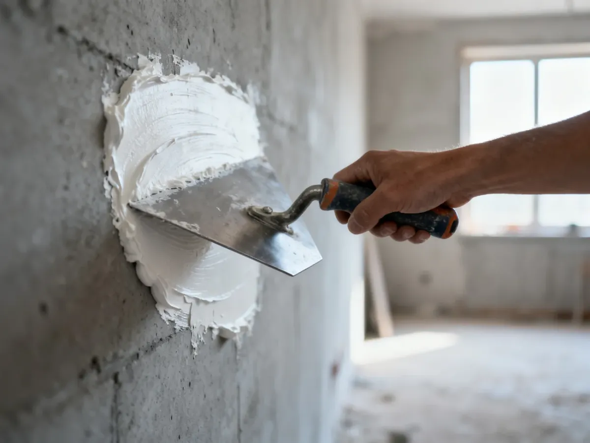 Profesjonalna paca nakładająca gładź gipsową na betonową ścianę w trakcie remontu wnętrza.