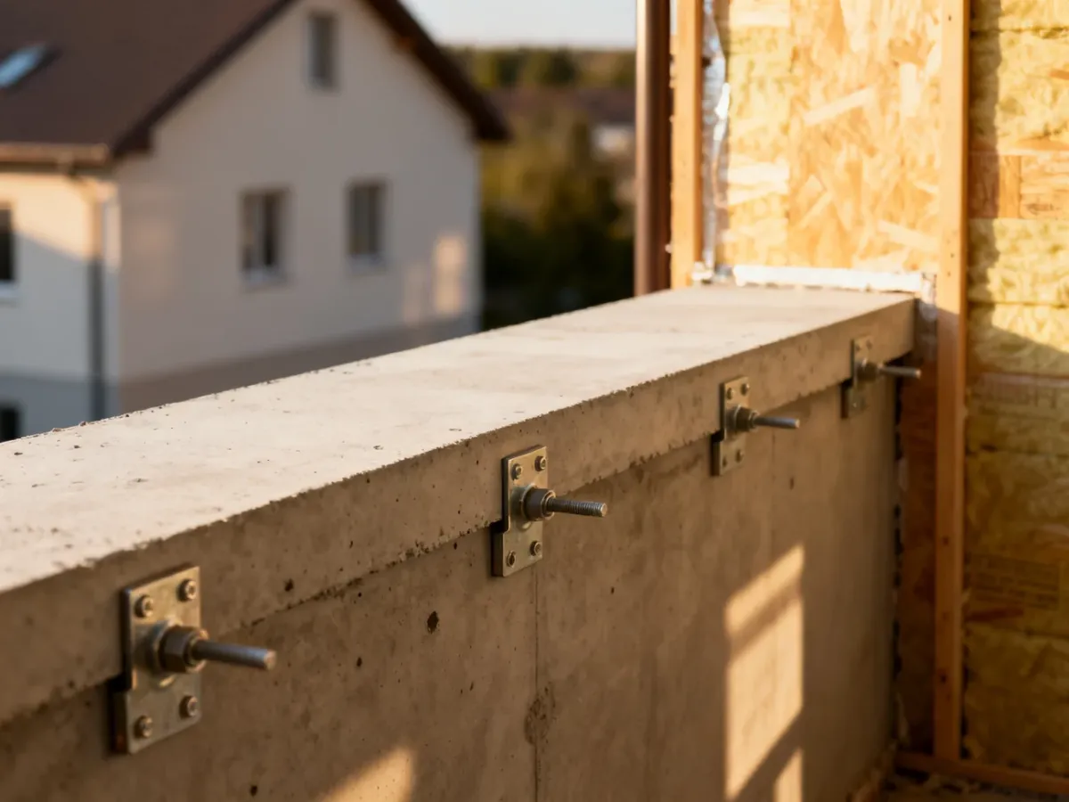 Krawędź balkonu z zamontowanymi wspornikami przed instalacją balustrady, na tle ściany w trakcie prac ociepleniowych.