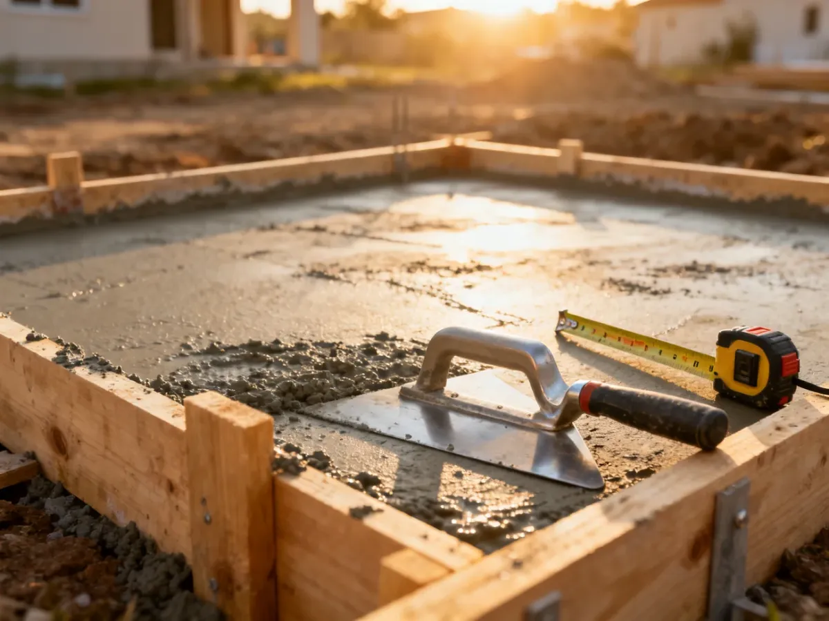 Świeżo wylany beton fundamentowy w szalunku z narzędziami budowlanymi na pierwszym planie.