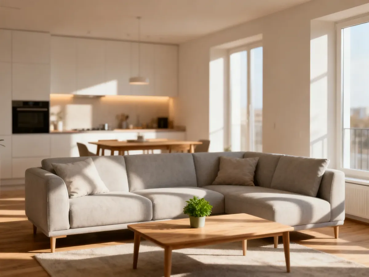 Jasny salon z szarą sofą połączony z minimalistyczną jadalnią w nowoczesnym mieszkaniu o powierzchni 60 m².