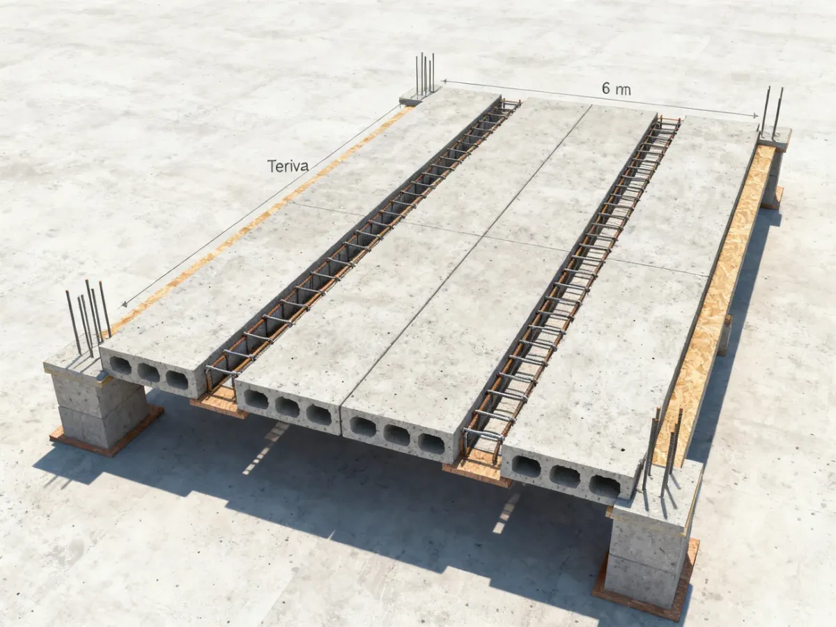 Widok stropu Teriva z dwoma żebrami rozdzielczymi rozmieszczonymi w równych odstępach