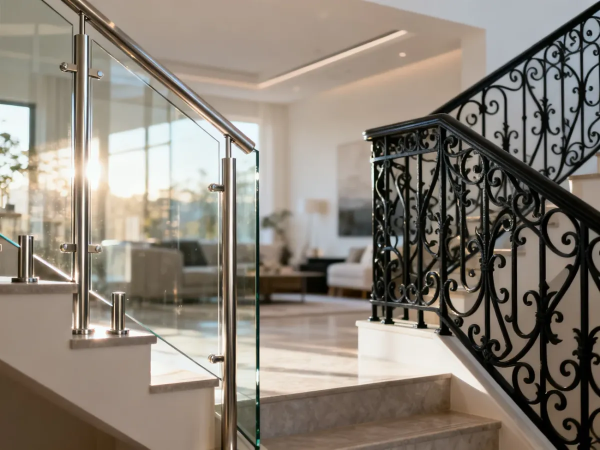 Porównanie nowoczesnej balustrady szklanej oraz ozdobnej balustrady kutej w jasnym, minimalistycznym wnętrzu.