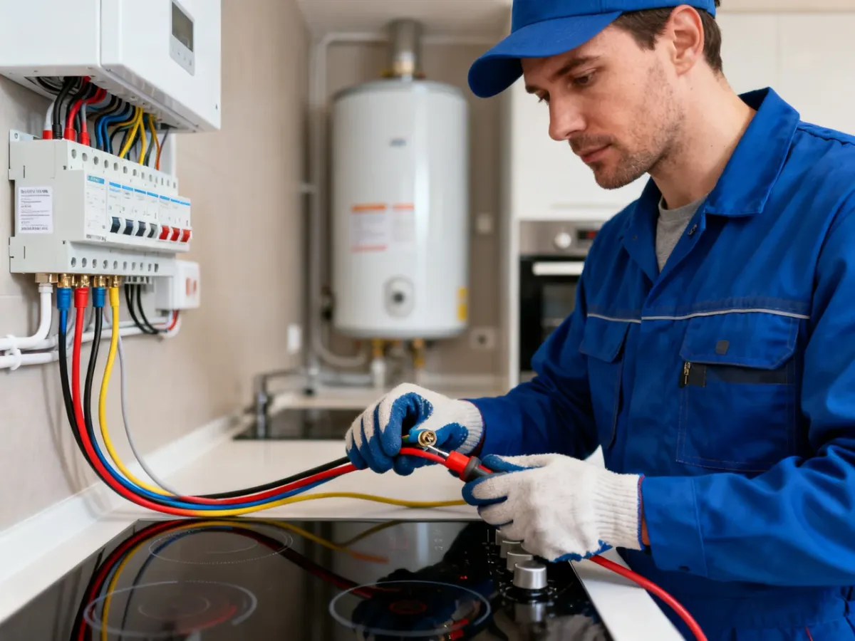 Elektryk sprawdzający instalację zasilającą urządzenia dużej mocy