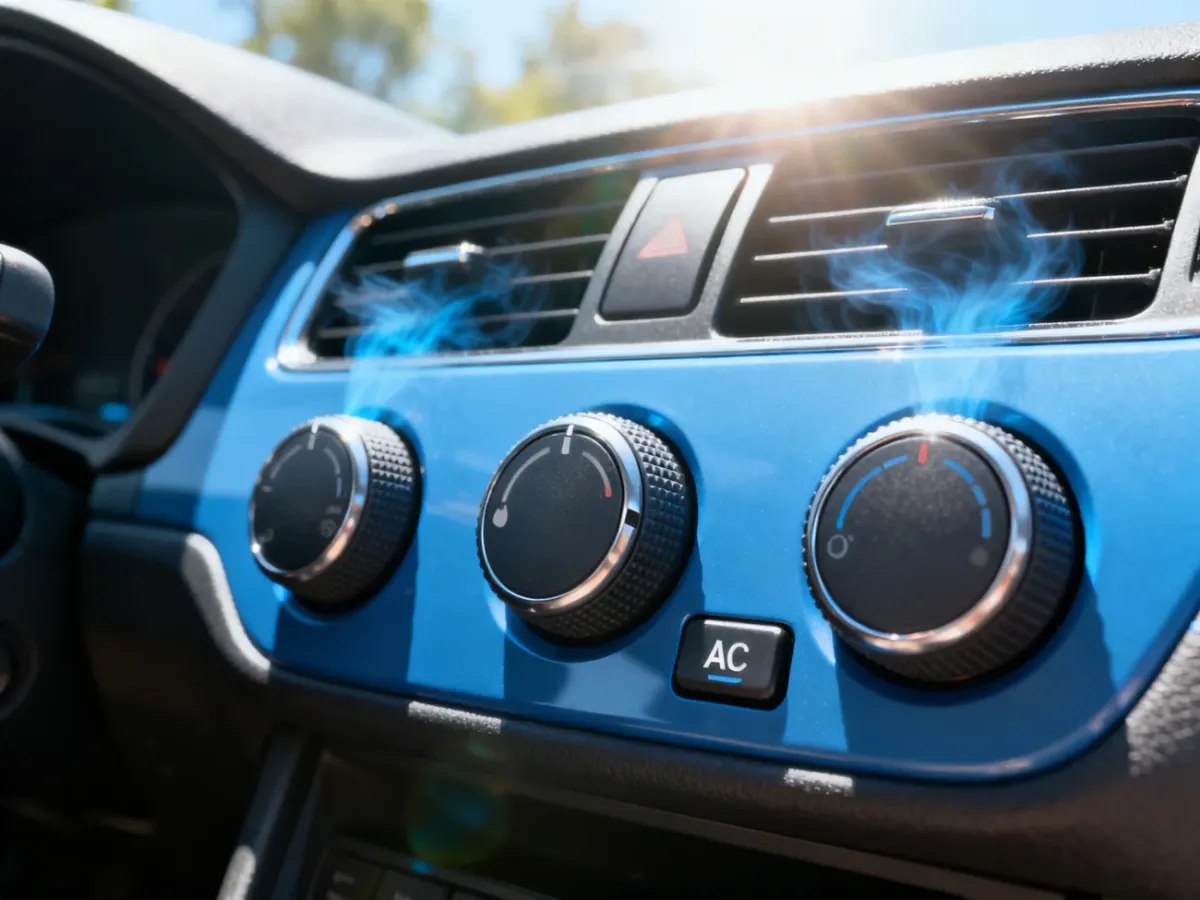 Panel manualnej klimatyzacji samochodowej z włączonym przyciskiem AC