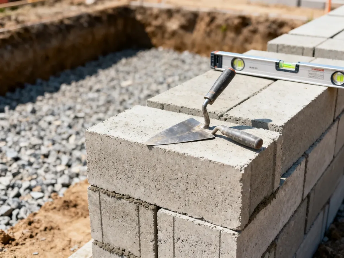 Betonowe bloczki fundamentowe przygotowane do układania z kielnią i poziomicą na placu budowy.