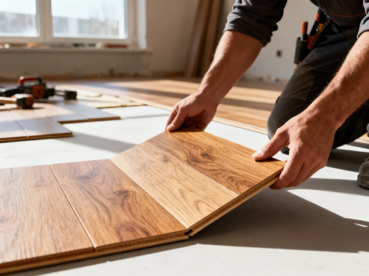 Dłonie fachowca układające panel laminowany o fakturze dębu podczas montażu podłogi.