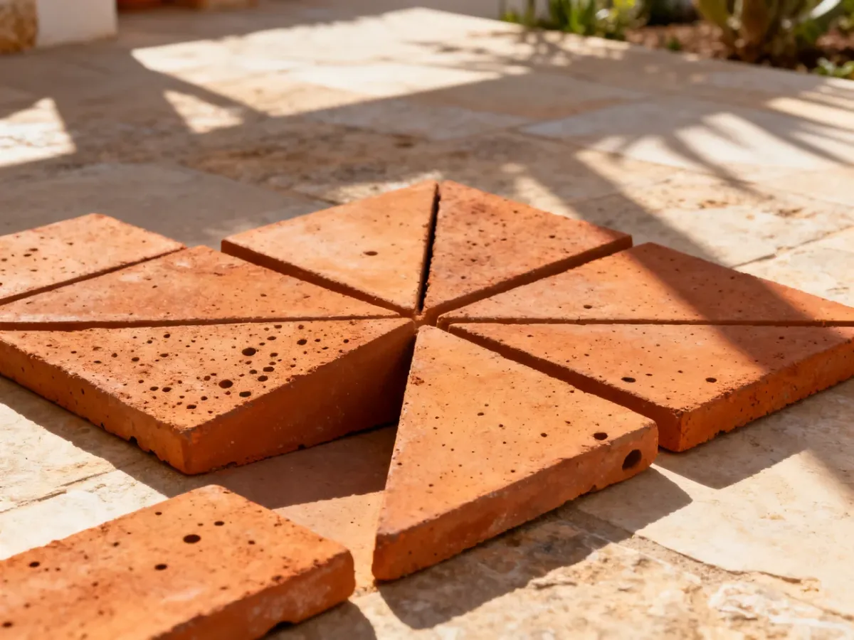 Płytki z terakoty ułożone w geometryczny wzór na kamiennej podłodze, podkreślające naturalną fakturę i ciepłą kolorystykę materiału.